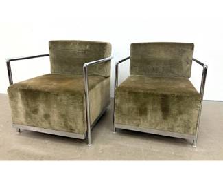 Lot 1480 Pr Modernist Chrome and Olive Green Velvet Lounge Armchairs. Tubular Chrome Frames.