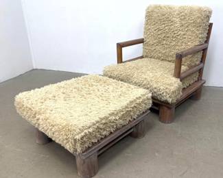 Lot 1503 Designer Lounge Chair and Ottoman. After Karl Springer. Open Arm Frame Chair supported by thick colu