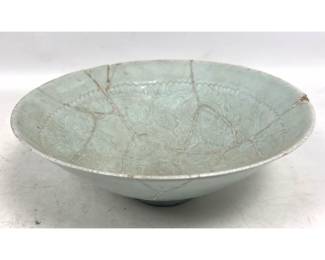 Lot 1839 Large Goryeo Style Korean Celadon Glazed Stoneware Conical Bowl with Incised Floral and Wave Decorat