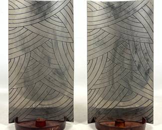 Lot 1594 Pr EVANS DESIGN GROUP Modernist Tabletop Candle Sconces. Etched Metal Reflectors on Reddish Patina R