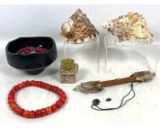 Lot 2044 Assortment of Ethnographic Objects including Ritual Wand, Red Coral Jewelry, and Japanese Hardstone