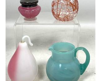 Lot 1889 4pc lot of Art Glass and Silver including Hawkes Sterling Mounted Jar, Satin Glass Pear, and Cased G