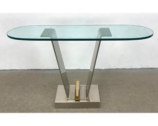 Lot 1634 Karl Springer Tulip Table. Console Table. Heavy Steel, Brass and Glass. Mixed Metal Brushed Steel an