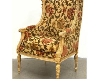 Lot 1683 Louis XVI style wingback bergere armchair with distressed cream painted finish and floral tapestry u