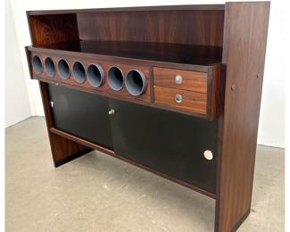 Lot 1585 Rosewood Curved Mid Century Modern Bar. Stylish Facade with Silvered Metal Base Frame. Server Side H