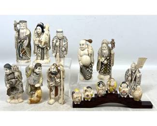 Lot 1870 15pc Group of Japanese Carved Ivory Seven Lucky Gods and Miniature Shichifukujin Netsuke Set with Wo