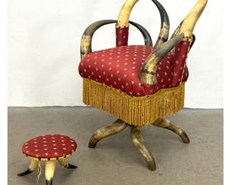 Lot 1532 2pc American Western Texas Horn Swivel Armchair and Matching Footstool with Star Embroidered Upholst