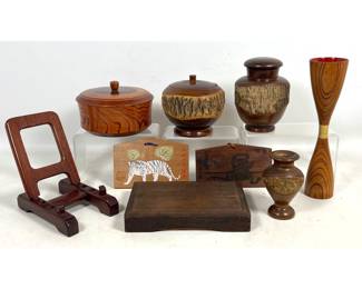 Lot 2040 Group of Japanese Decorative Wood Objects including Mulberry Bark Caddies and Keyaki Goblet with Tom