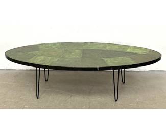 Lot 1407 MidCentury Modern Oval Mosaic Tile Coffee Table. Glossy Mottled Green Glazed Tiles in Elliptical Fr