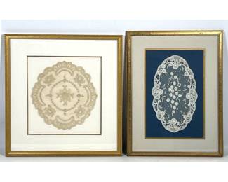 Lot 1948 Two antique framed lace and embroidered textiles. One circular linen doily and one oval Honiton styl