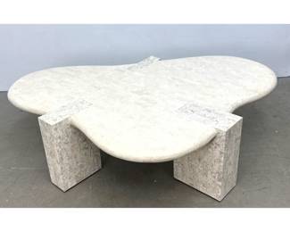 Lot 1499 Postmodern Biomorphic Tessellated Stone Coffee Table. Three Rectangular Pillar Legs. Not marked.