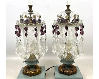 Lot 1431 Pair Vintage Electrified crystal and glass lustres with amethyst colored prisms and painted square b