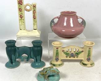 Lot 2005 6pc Assortment of Art Pottery including Fulper Frog form Flower Frog, Roseville Bud Base. Roseville
