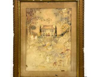 Lot 1946 Artist signed Garden Pavilion Watercolor and Graphite Drawing on Paper. Signed and Dated 1912.