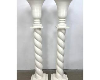 Lot 1449 Pair of Large white painted wood barley twist column torchiere floor lamps with urn form uprights. S