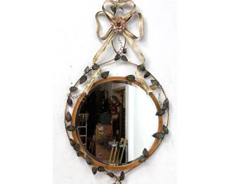 Lot 1764 LaBarge Italian Tole Painted Metal Floral Wall Mirror with Ribbon and Rose Motif