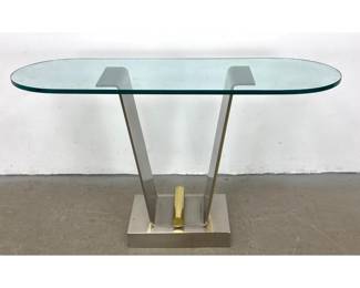 Lot 1636 Karl Springer Tulip Table. Console Table. Heavy Steel, Brass and Glass. Mixed Metal Brushed Steel an