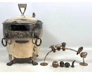 Lot 2030 WMF Silver Plated Lidded Punch Bowl with Ladle. Plus 9pc Bottle Stopper Set. Highly Punch bowl body