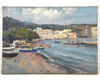 Lot 1959 Signed Antique Painting on Canvas Coastal Town.