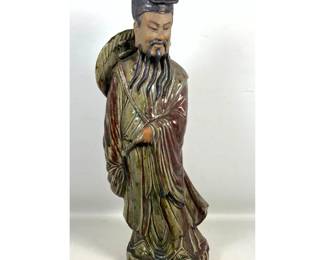 Lot 1809 Large Glazed Shiwan Pottery Figure of a Chinese Scholar Official Carrying a Woven Bamboo Hat.