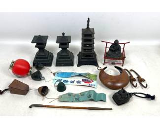 Lot 2035 Assortment of Japanese Cast Metal Decorative Objects, Nanbu Tekki Wind Chimes, Pagoda, and Kiseru Pi