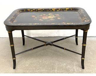 Lot 1540 Chinoiserie Lacquered Papier Mache Tray Top Coffee Table. Ebonized Faux Bamboo Base has gilt highlig