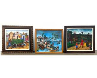 Lot 1968 3pc lot Haitian Folk Art Paintings. Signed W. CHARLES, JOSEPH .D. RAYMOND, and R. PIQUION. Scenes of