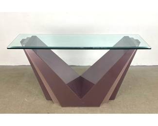 Lot 1602 Large Postmodern Geometric V Shape Console Table. Color Backed Acrylic Panels in Stepped Angled Desi