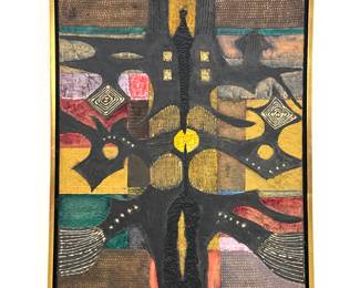 Lot 1620 1967 Mid Century Modern Abstract Painting. Mixed Media Tribal Theme Work. On Wings of Song. Illegi