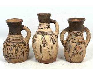 Lot 1983 3pc lot Hand Painted Redware Pottery Handled Vases and Pitcher.