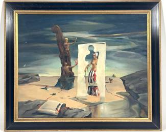 Lot 1653 John Lear Surreal Painting on canvas. Figures in Barren Landscape.