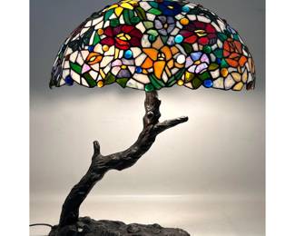 Lot 1747 Tiffany Style Stained Glass Table Lamp with Tree Trunk Base and Butterfly Overlays