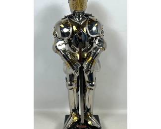 Lot 1775 Highly Polished Articulated Chrome Brass Knight in Armor Sculpture. Black Base. Highly detailed. Ful