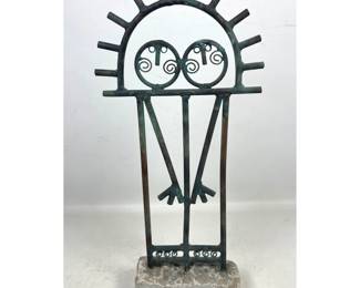 Lot 1669 Brutalist Style Welded Copper Dual Figure Totem Sculpture on Stone Base.