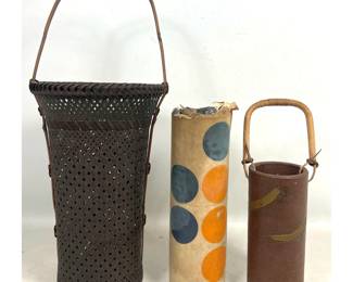 Lot 2041 3pc lot Japanese Ikebana items. Woven Bamboo Hanakago and Ceramic Hanaire with Toyoko Department Sto