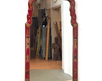 Lot 1785 Red Lacquered Chinoiserie Style Wall Mirror with Arched Top and Gilded Hand Painted Decoration. Unsi