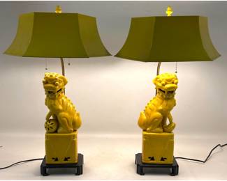 Lot 1738 Pair Chinese Yellow Glazed Ceramic Foo Dog Table Lamps with Matching Tole Shades and Pineapple Finia