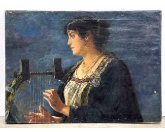 Lot 1545 Philips Wick oil painting on canvas laid to board, profile portrait of a woman playing a lyre, 20th