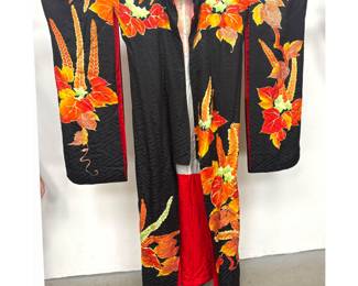 Lot 1716 Japanese Kurohikizuri Silk Kimono Trailing Garment with Yuzen Autumnal Foliage and Gold Couching Em