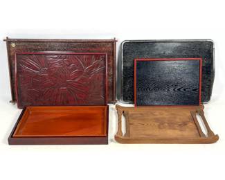 Lot 2043 7pc lot of Japanese Trays and Chabudai Style Folding Table. One tray Kamakura Bori, one signed Teiok
