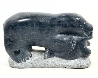 Lot 1623 Large Inuit Carved Stone Sculpture Depicting a Mother Bear and Cub. Unsigned.