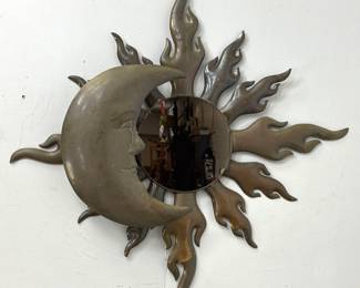 Lot 1606 Vintage Brutalist style patinated Brass sun and moon wall mirror with integrated backlit sconce