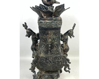 Lot 1837 2pc Chinese Archaic Style Bronze Fang Hu Vessel with Bird and Lotus Lid