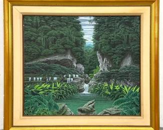 Lot 1689 Ernesto Martir Painting on Canvas Tropical Jungle Landscape with Waterfalls Signed and Dated 2002.