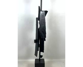 Lot 1413 Sculptural Brutalist Welded Cut Steel Table Lamp. Torch Cut Iron Plates on Block Base. Unsigned.