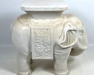 Lot 1429 White Glazed Ceramic Elephant Form Garden Side Table. Plant Stand. Fretwork Pedestal Top.