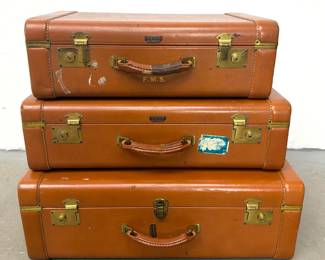 Lot 1417 3pc Pacemaker by Spelrein Top Grain Cowhide Leather Suitcases in Orange with Monograms