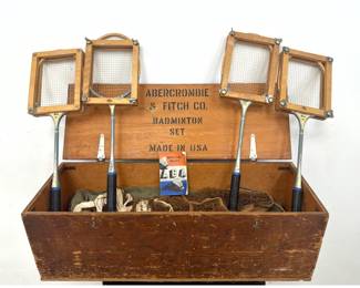 Lot 1732 Abercrombie and Fitch Co. Badminton Set. Stenciled Wooden Crate with Racquets, Net, Game Cocks and A
