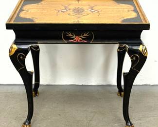 Lot 1789 20th Century Chinoiserie style Black Lacquered Accent Side Table. Heraldic Crest with Two Stags. Cab