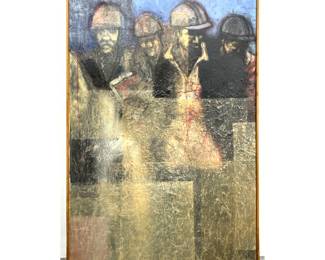 Lot 1717 Modernist Mixed Media Painting. 4 Men Wearing Hats, Helmets. Signed illegibly Possibly something li